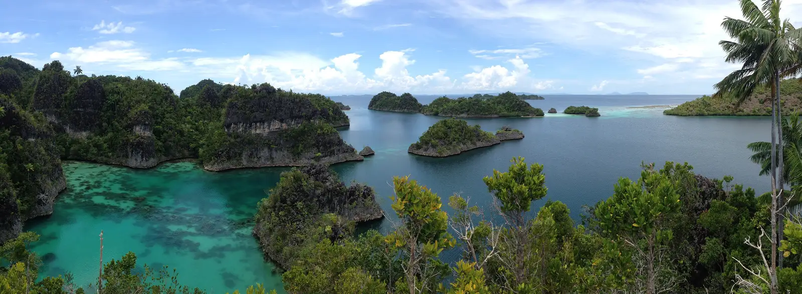 Panorama of scattered Raja Ampat islands across calm open water